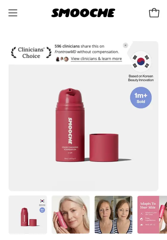 Smooche Color Changing Foundation ürün sayfası: Clinicians' Choice, 1m+ Sold rozeti, Lisa and 1M+ others purchased, 4.8/5 (351,837 reviews), 59 dolar üstü çizili 39 dolar
