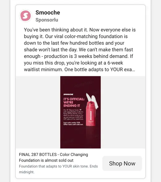 Ad Library'de Smooche reklamı: last few hundred bottles, 6-week waitlist, FINAL 287 BOTTLES