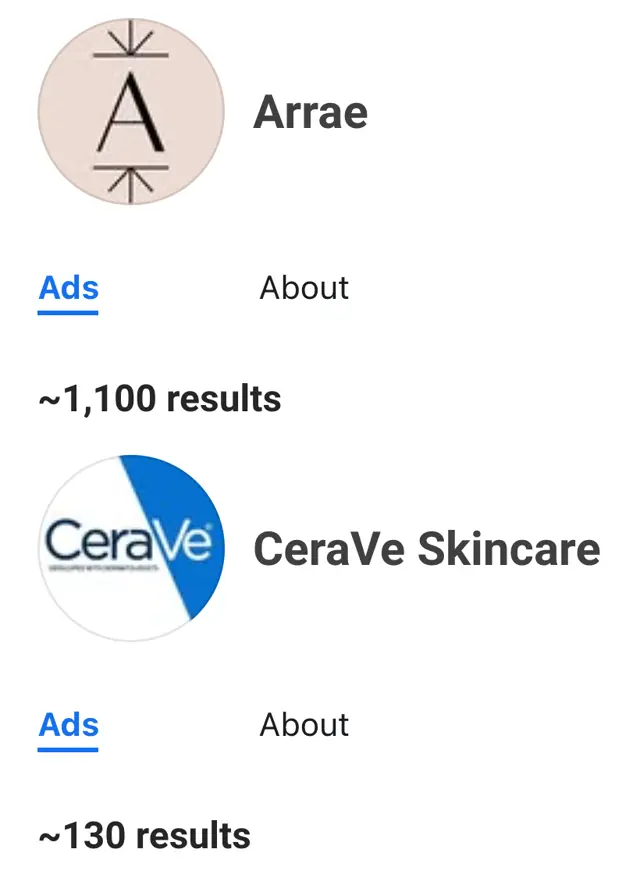 Meta Ad Library, ABD, aktif reklamlar: Arrae sayfasında yaklaşık 1.100 sonuç, CeraVe Skincare sayfasında yaklaşık 130 sonuç