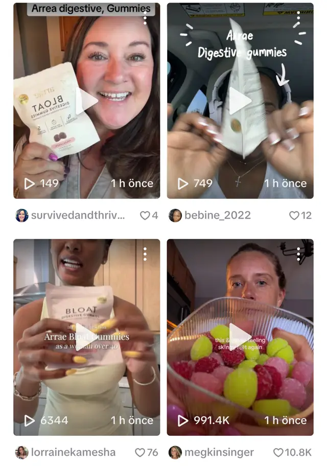 TikTok'ta Arrae Gummies araması: farklı creator videoları, 149, 749, 6.344 ve 991,4 bin izlenme