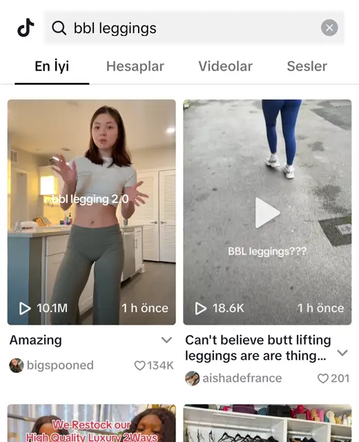 TikTok bbl leggings arama sayfası: ilk video 10,1M izlenme