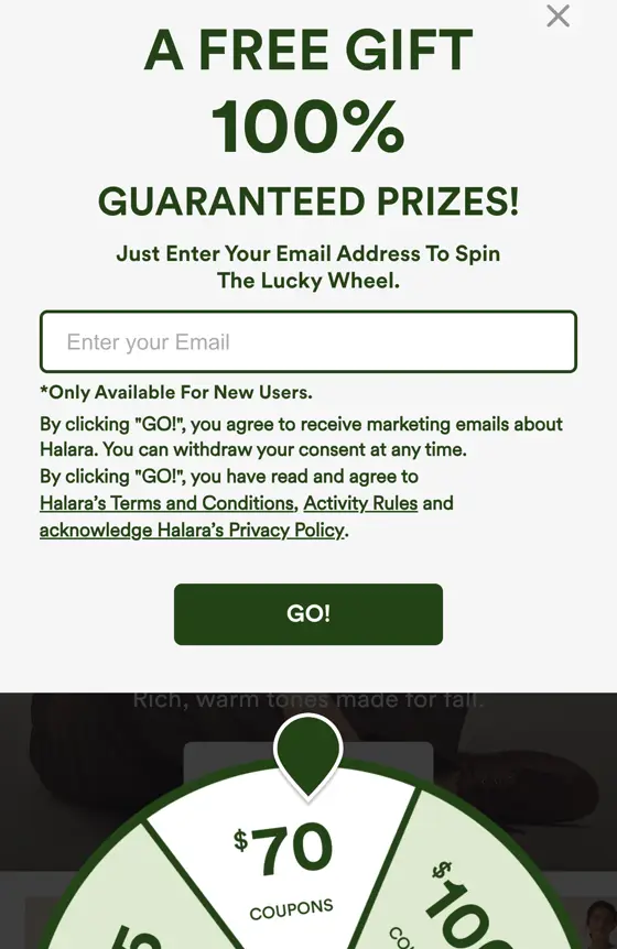 Halara mobil e-posta pop-up'ı: A Free Gift, 100% Guaranteed Prizes, e-posta alanı ve kupon çarkı