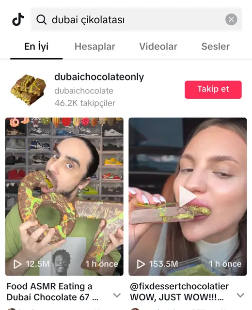 TikTok dubai çikolatası arama sayfası: fixdessertchocolatier videosu 153,5M izlenme
