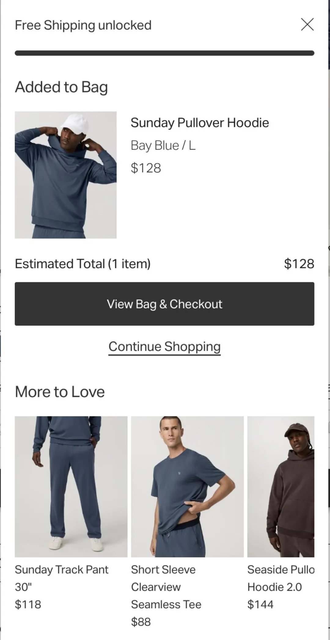 Vuori sepet ekranı: Sunday Pullover Hoodie Bay Blue 128 dolar, altında More to Love bölümünde aynı renk pantolon ve tişört